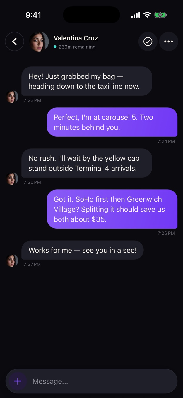 1wagon private trip chat coordinating a shared taxi pickup
