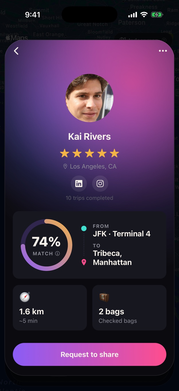 1wagon match profile with ratings and a request-to-share action