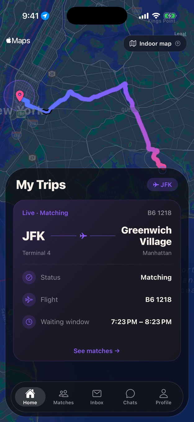 1wagon home screen: live trip card from JFK Terminal 4 to Greenwich Village